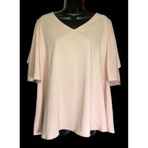 Shein Curve Beige‎ Ruffle Short Sleeve V-Neck Blouse Plus Size 1XL